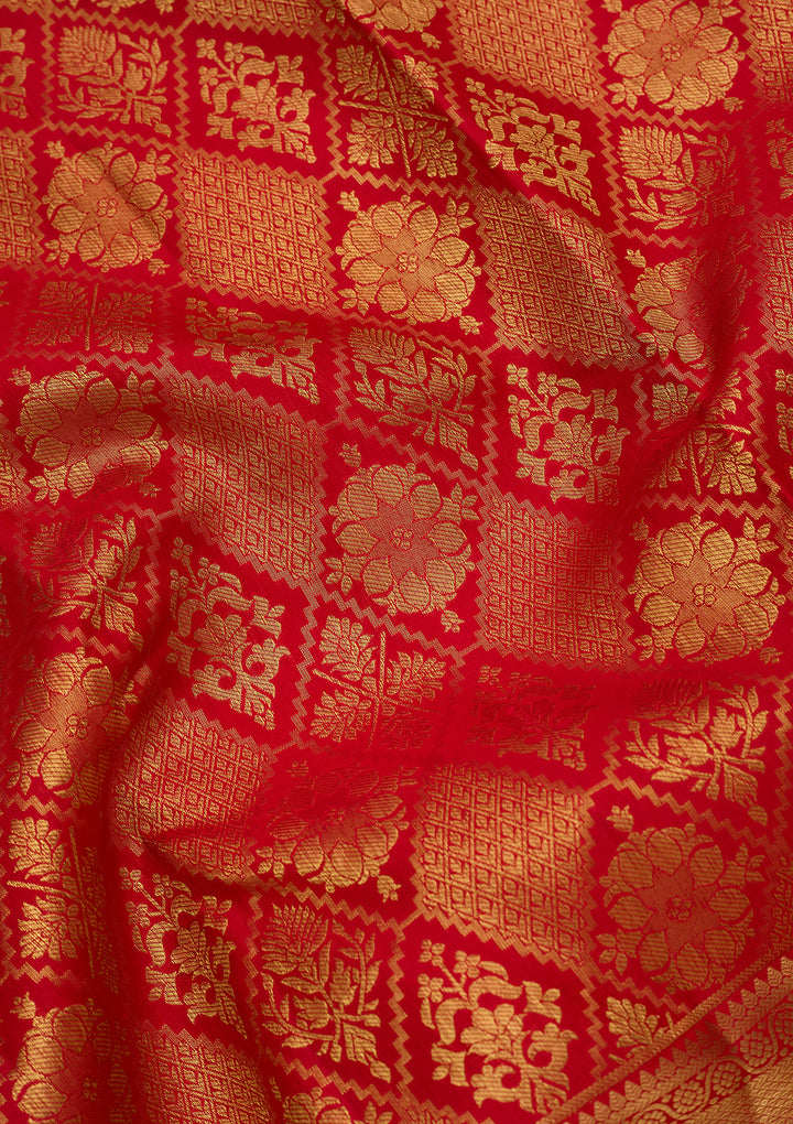 Red Pure Silk Jaal Saree With Matching Blouse Piece