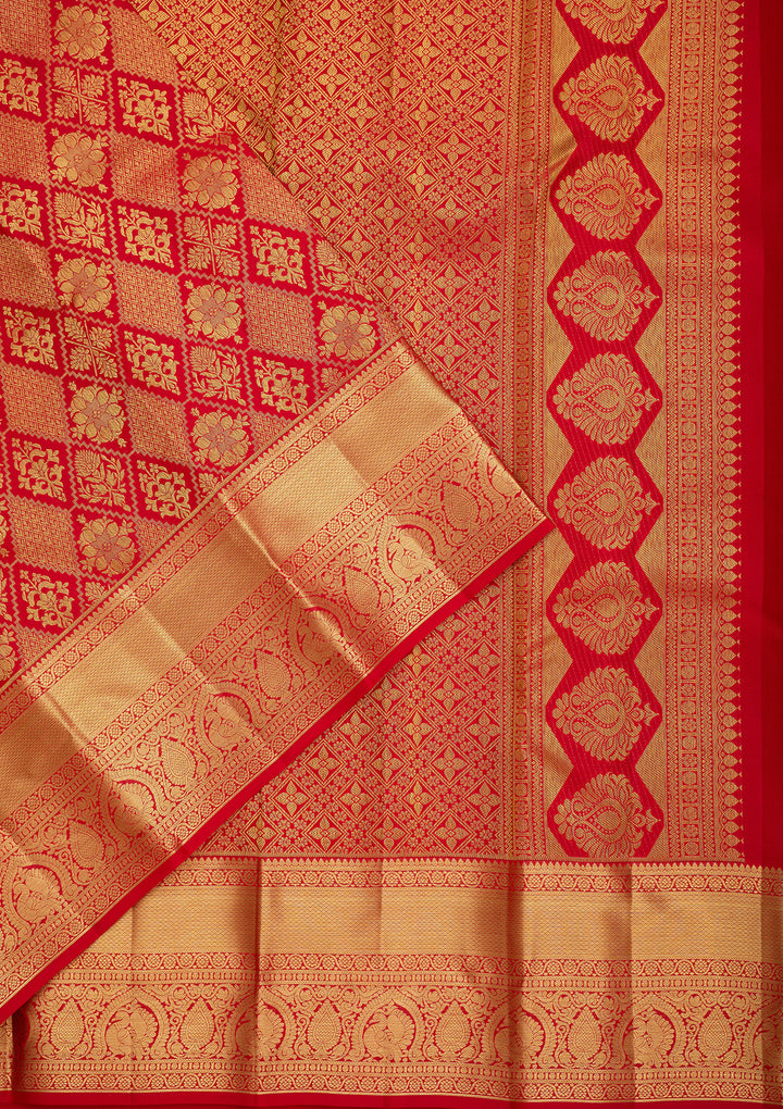 Red Pure Silk Jaal Saree With Matching Blouse Piece
