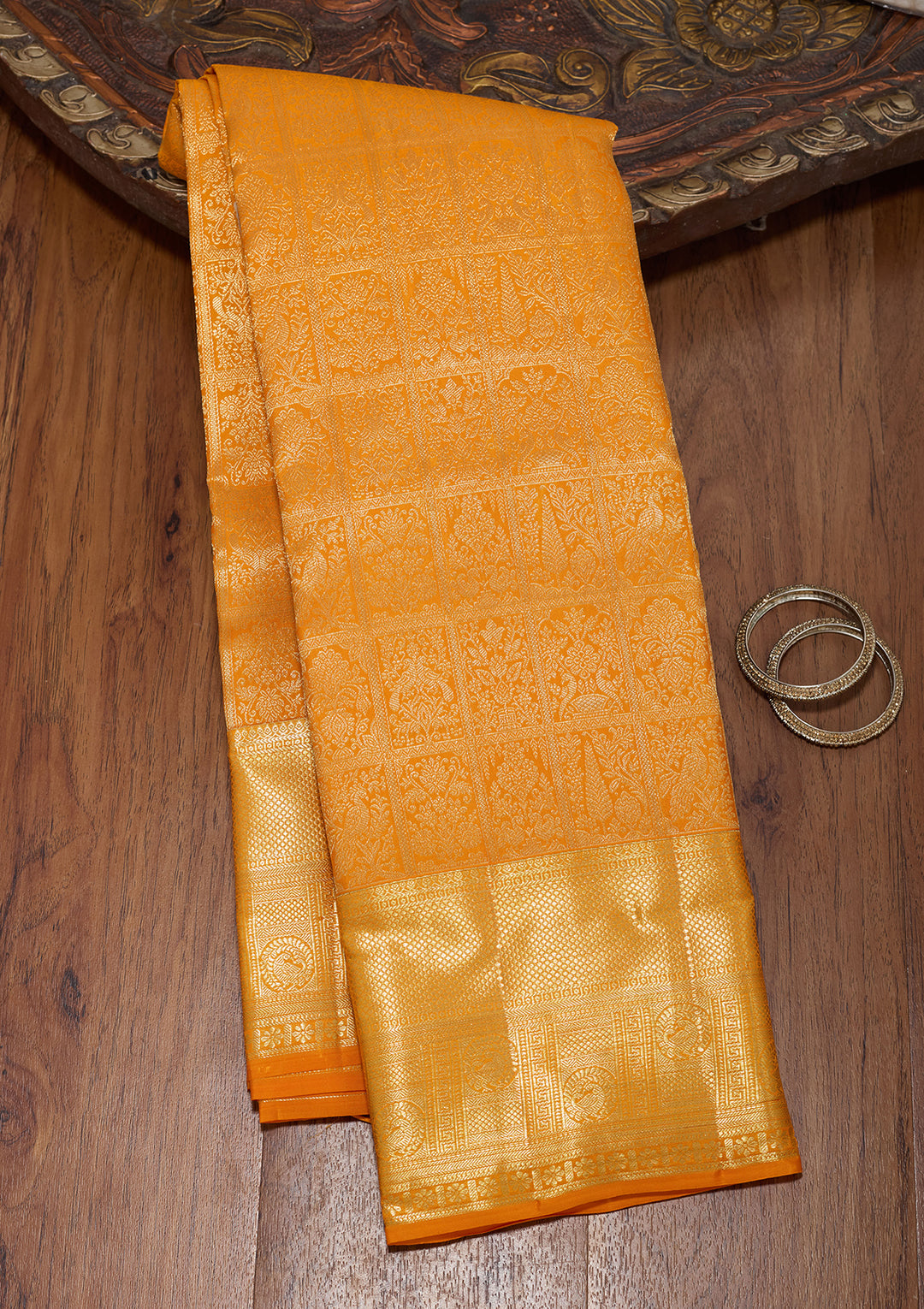 Mustard Yellow Pure Silk Jaal Saree With Matching Blouse Piece