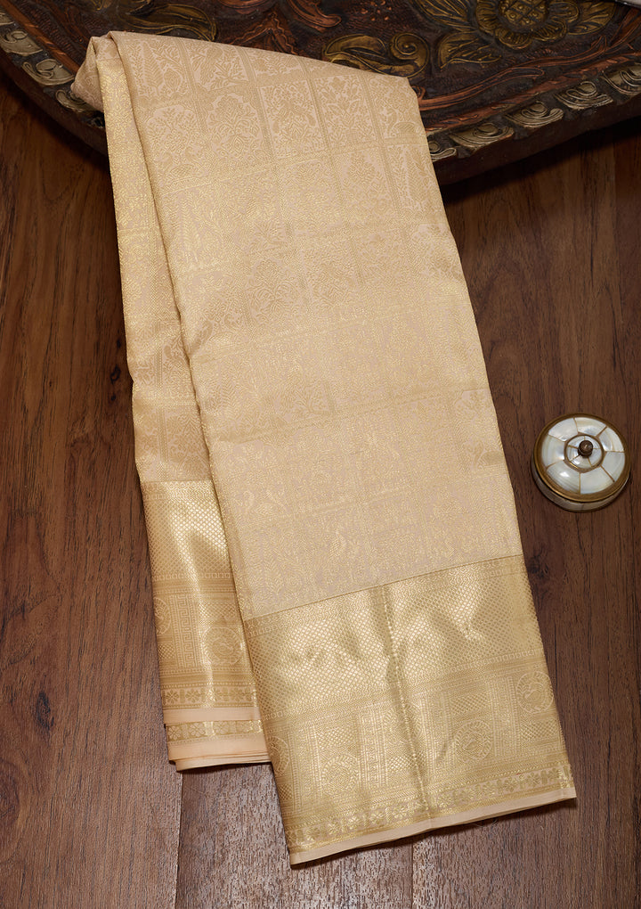 Beige Pure Silk Jaal Saree With Matching Blouse Piece