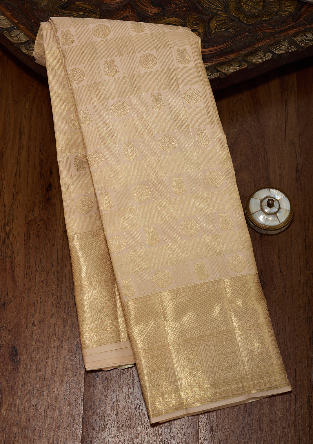 Beige Pure Silk Jaal Saree With Matching Blouse Piece