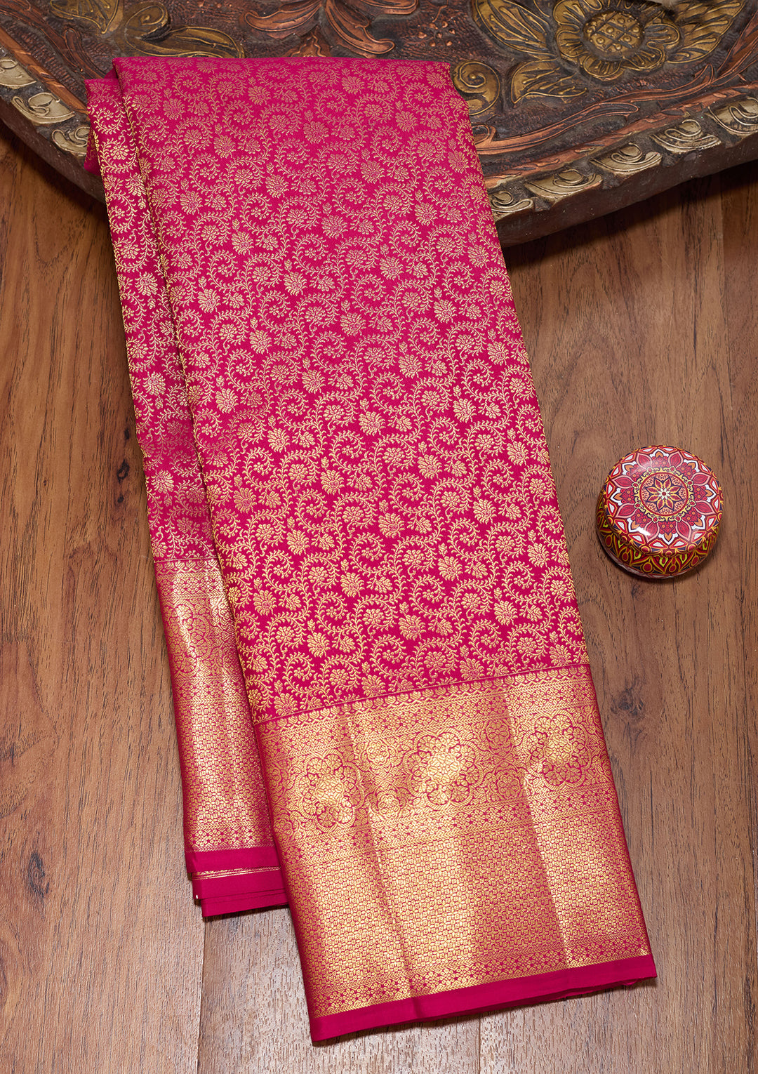 Rani Pink Pure Silk Jaal Saree With Matching Blouse Piece