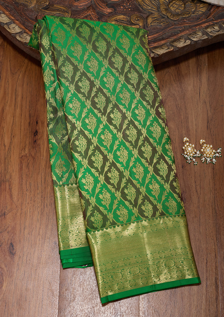 Rama Green Pure Silk Jaal Saree With Matching Blouse Piece