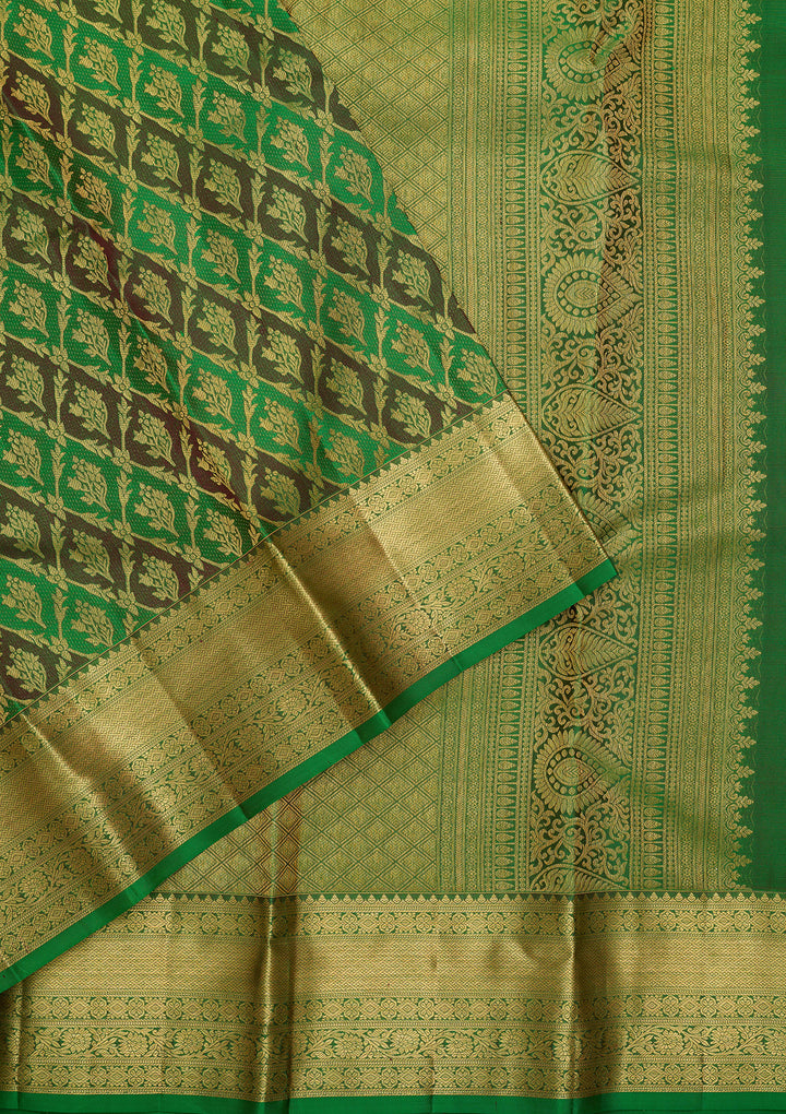 Rama Green Pure Silk Jaal Saree With Matching Blouse Piece