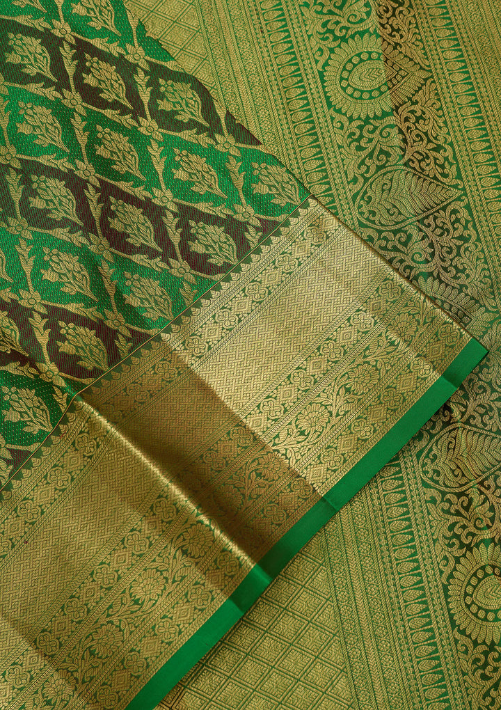 Rama Green Pure Silk Jaal Saree With Matching Blouse Piece
