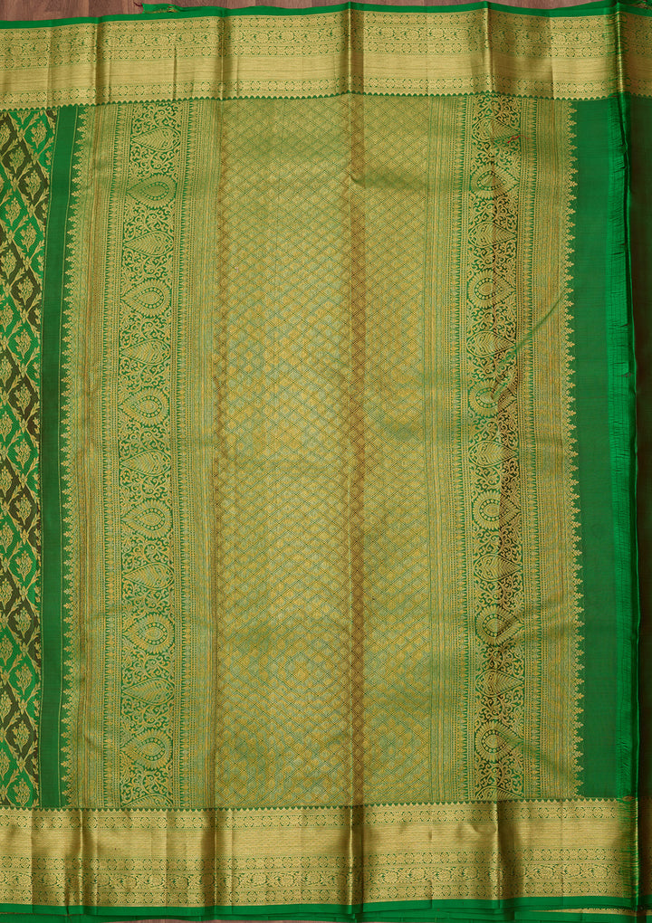 Rama Green Pure Silk Jaal Saree With Matching Blouse Piece
