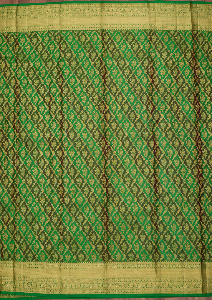 Rama Green Pure Silk Jaal Saree With Matching Blouse Piece
