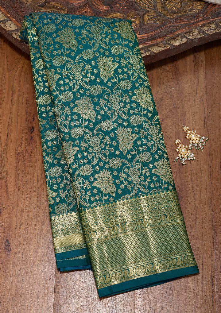 Peacock Blue Pure Silk Jaal Saree With Matching Blouse Piece