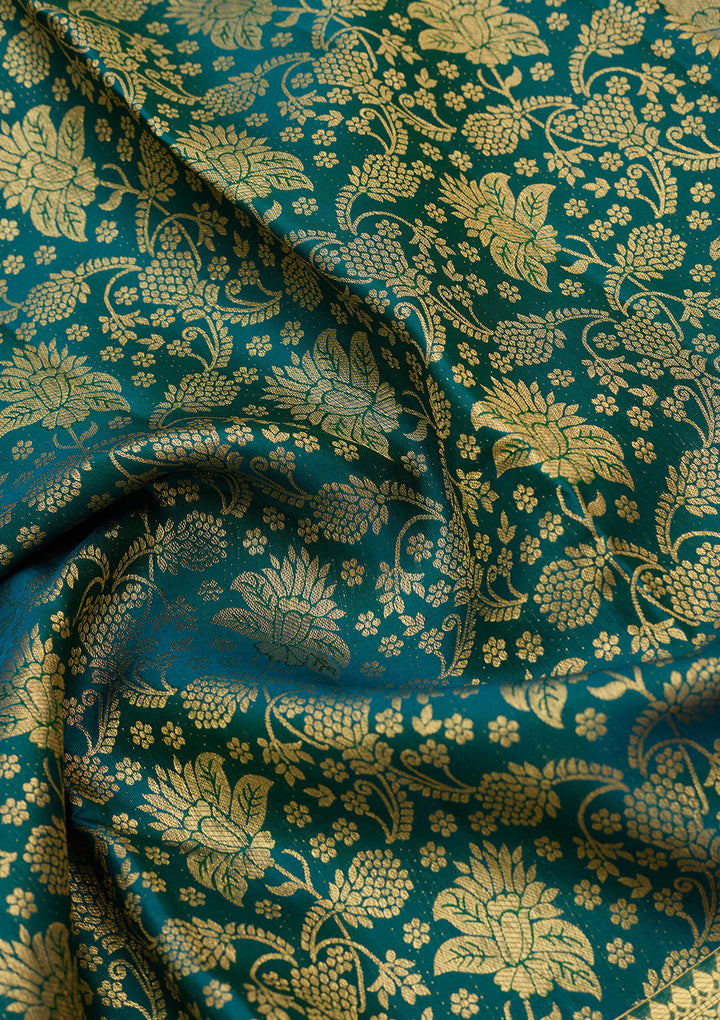 Peacock Blue Pure Silk Jaal Saree With Matching Blouse Piece