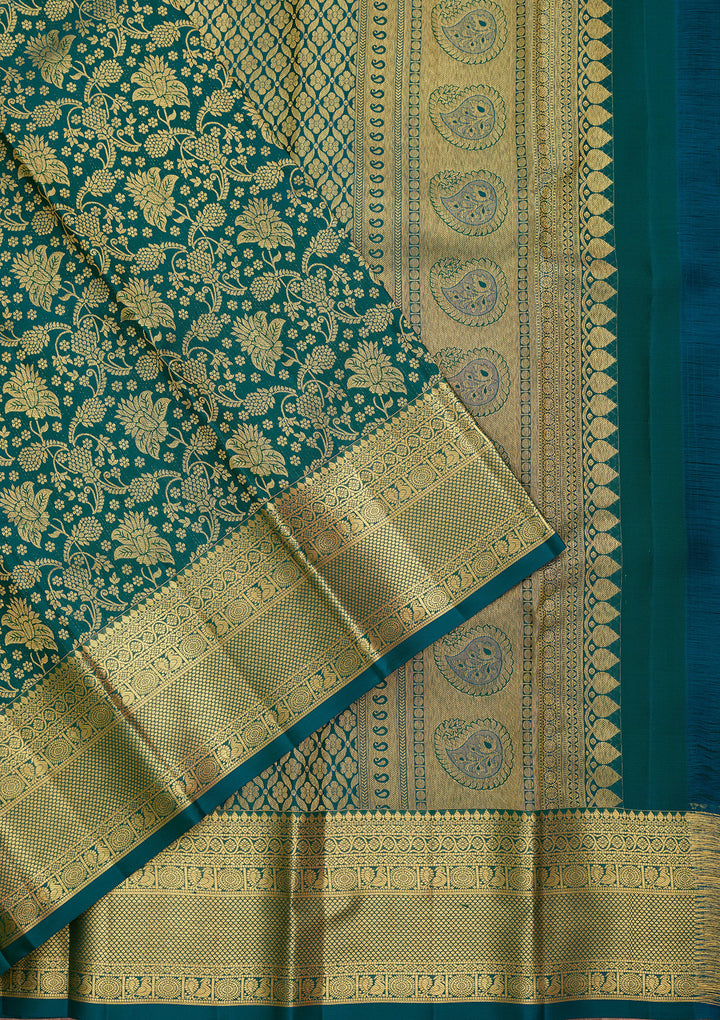 Peacock Blue Pure Silk Jaal Saree With Matching Blouse Piece
