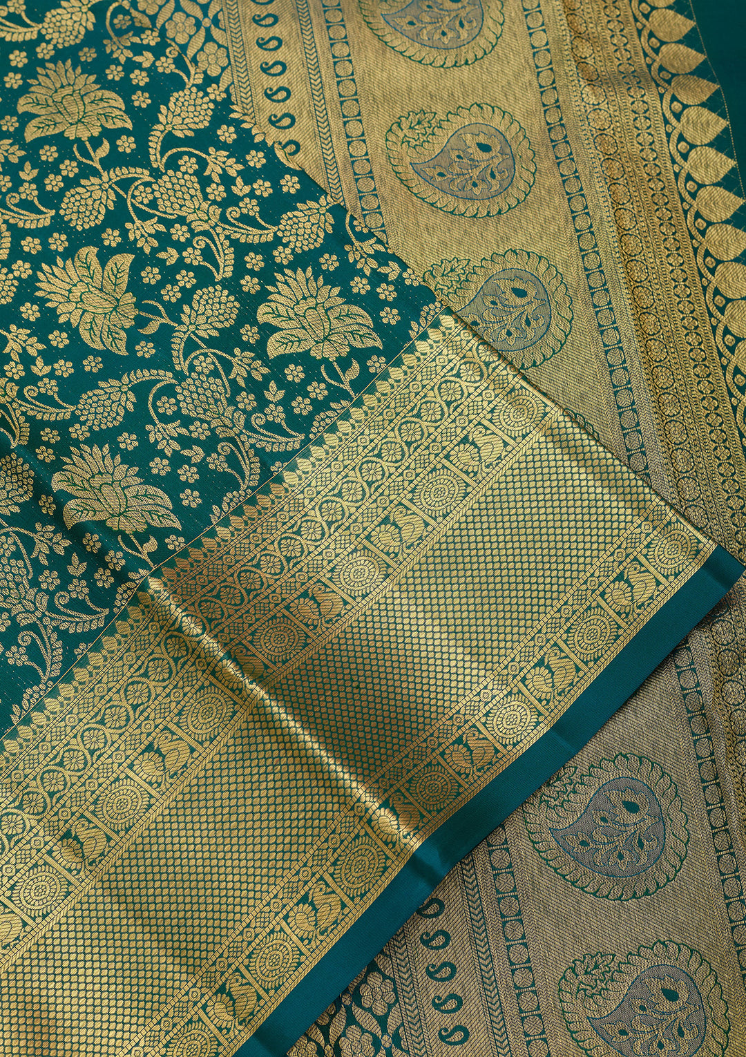 Peacock Blue Pure Silk Jaal Saree With Matching Blouse Piece