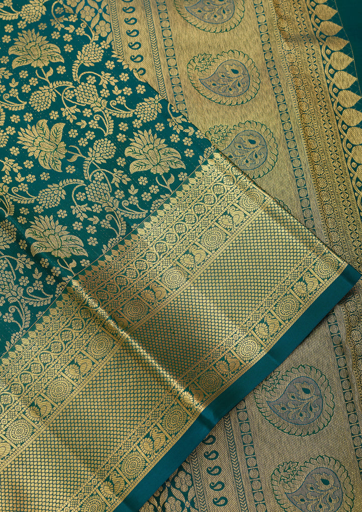 Peacock Blue Pure Silk Jaal Saree With Matching Blouse Piece