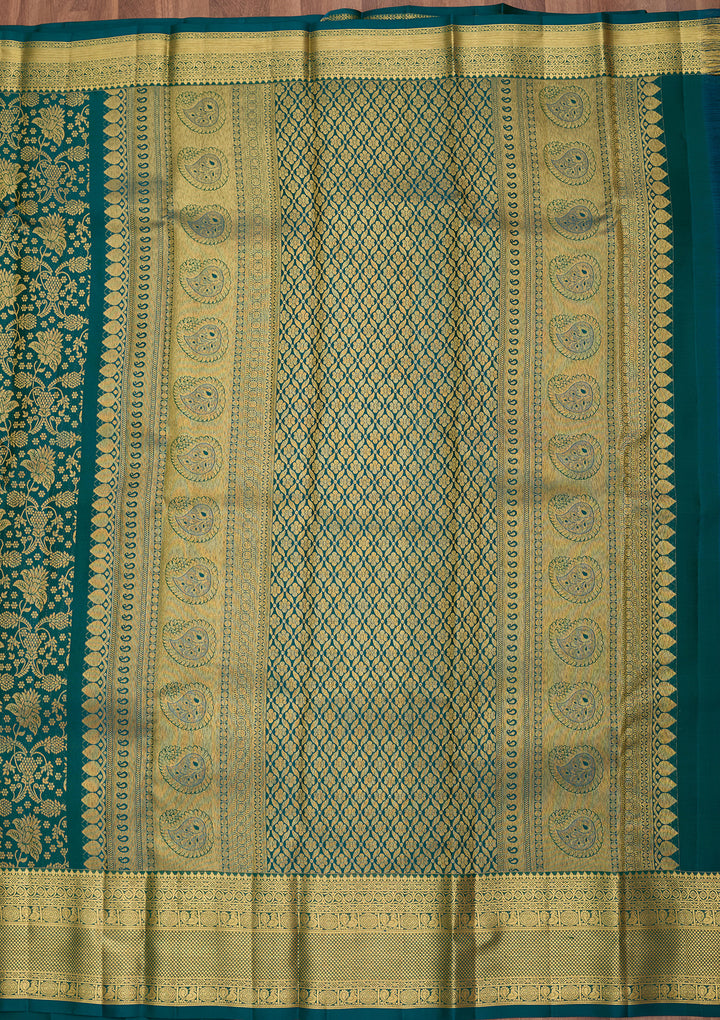 Peacock Blue Pure Silk Jaal Saree With Matching Blouse Piece