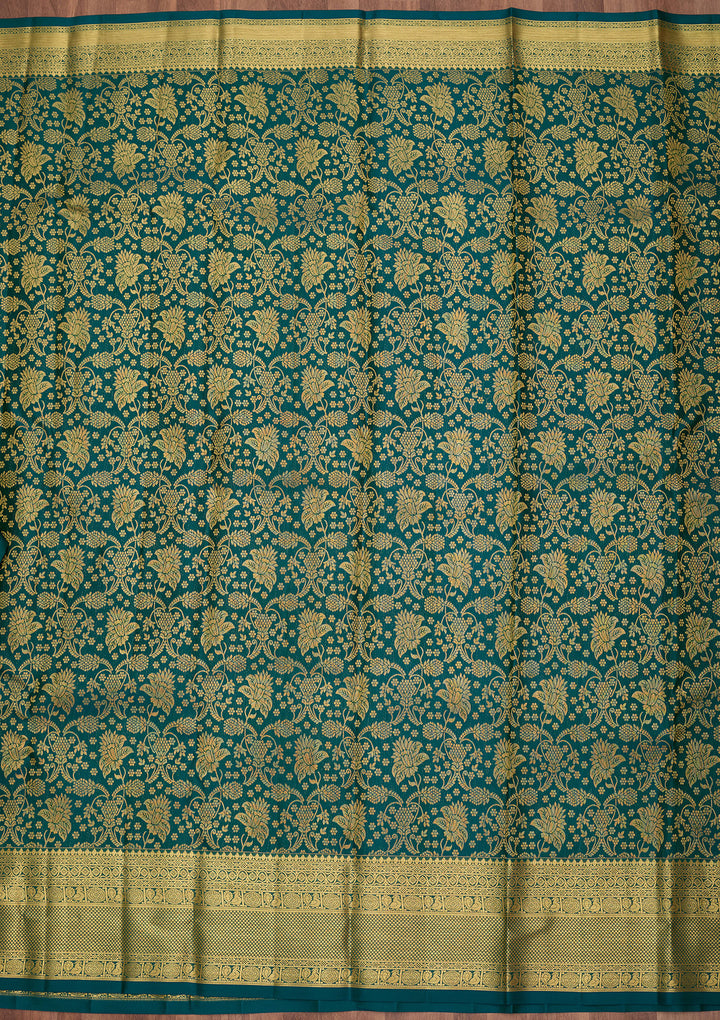 Peacock Blue Pure Silk Jaal Saree With Matching Blouse Piece