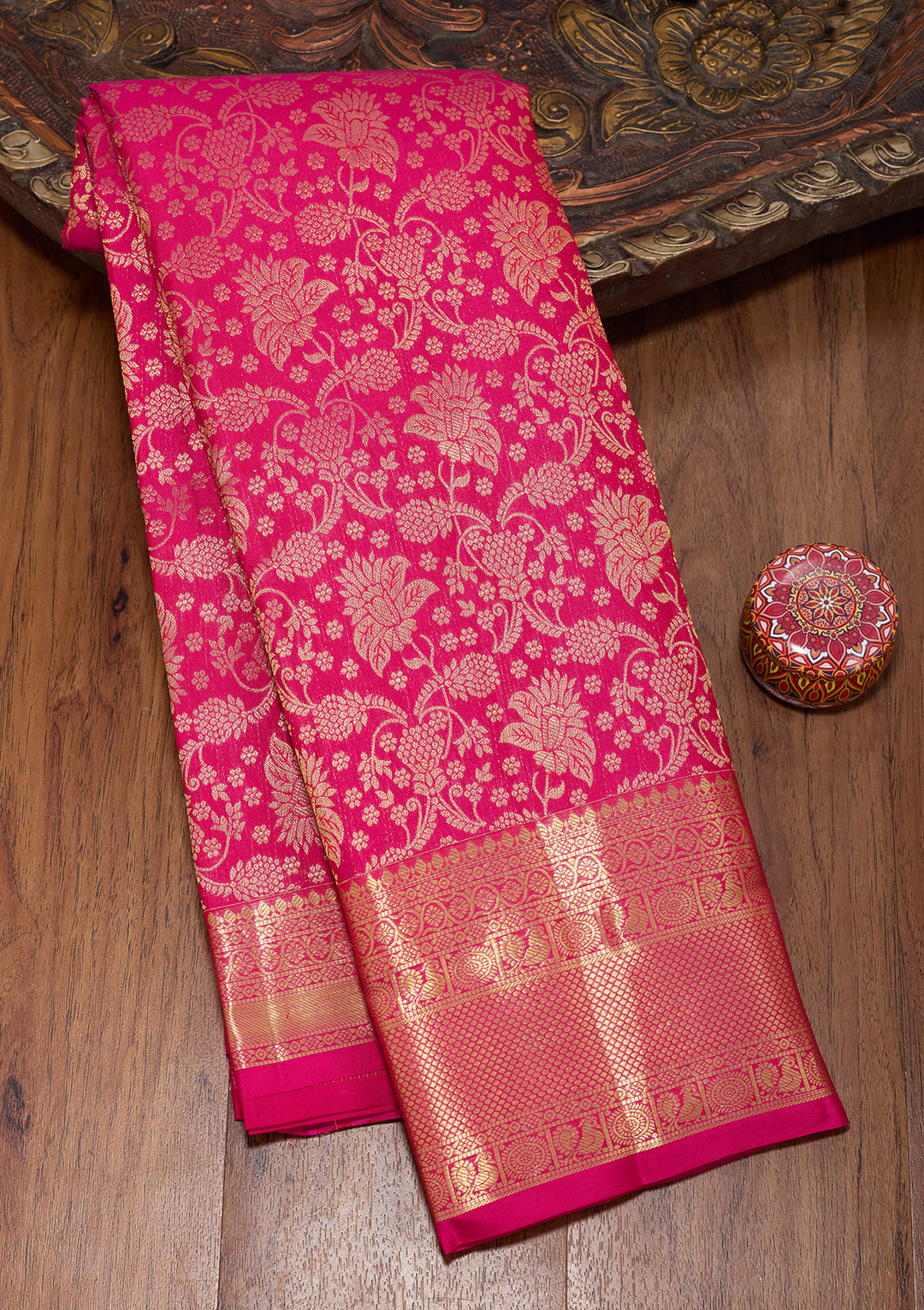 Rani Pink Pure Silk Jaal Saree With Matching Blouse Piece