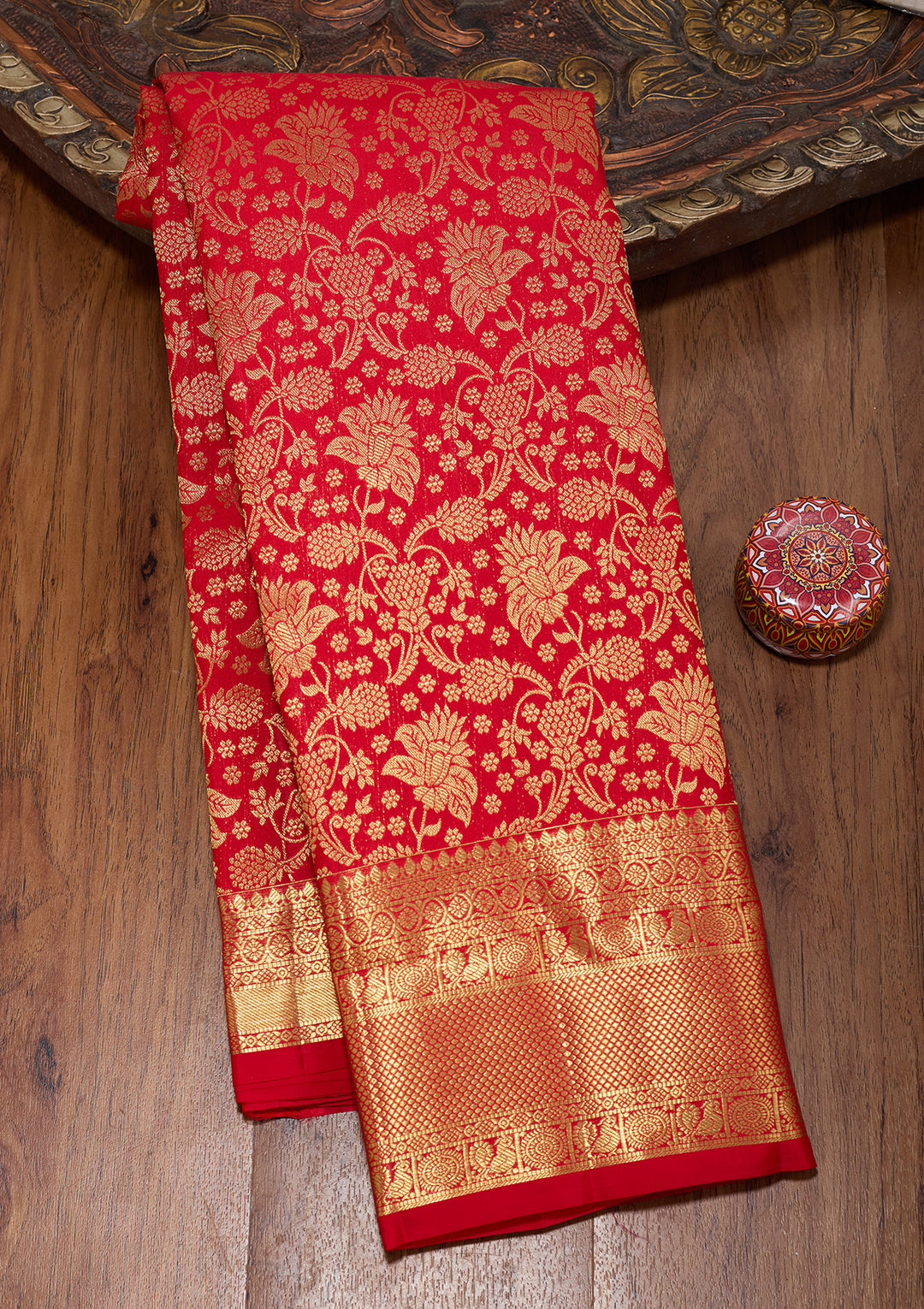 Red Pure Silk Jaal Saree With Matching Blouse Piece