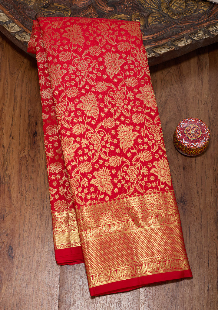 Red Pure Silk Jaal Saree With Matching Blouse Piece