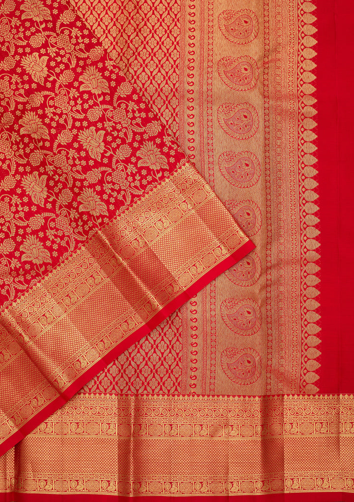 Red Pure Silk Jaal Saree With Matching Blouse Piece