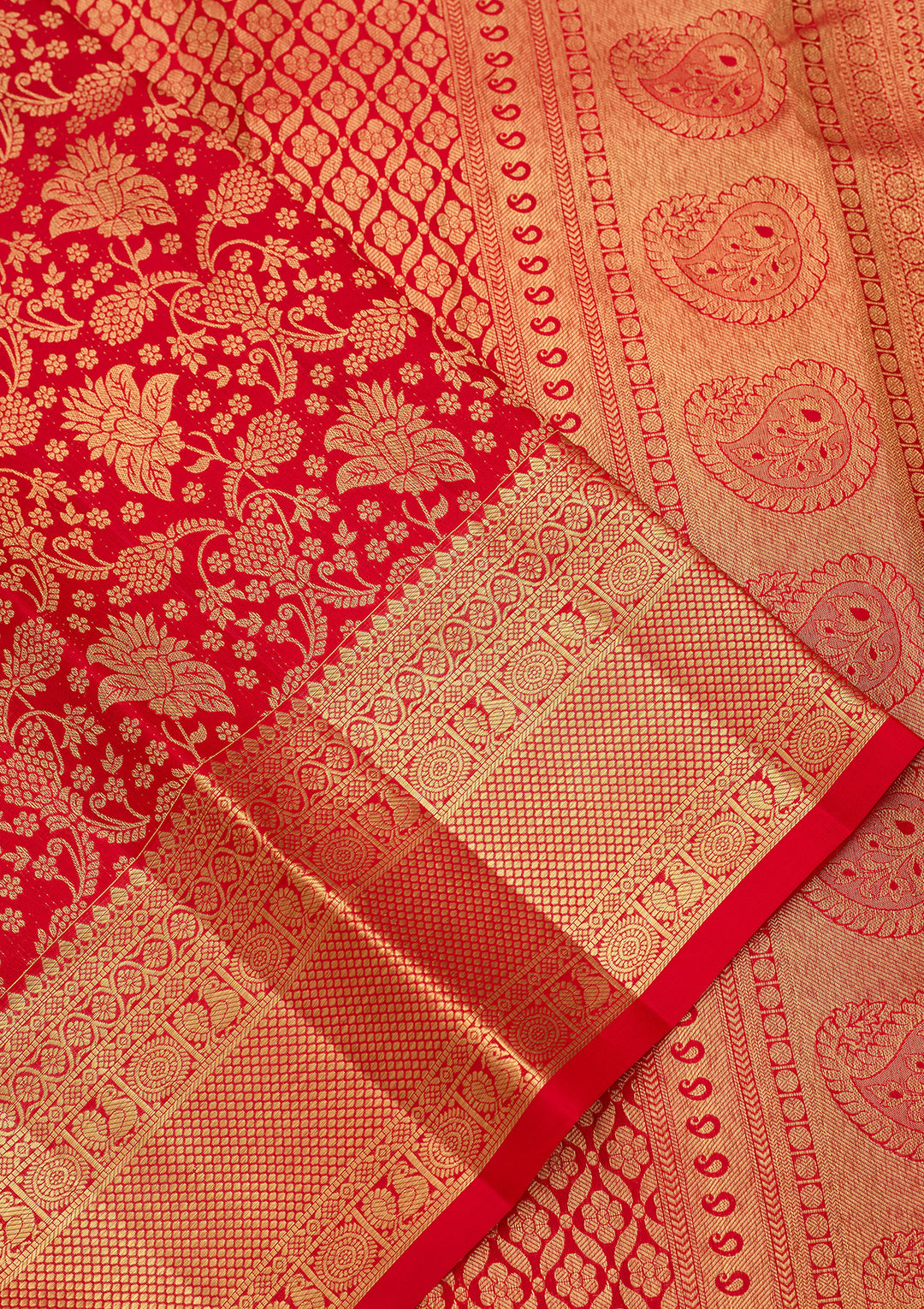 Red Pure Silk Jaal Saree With Matching Blouse Piece