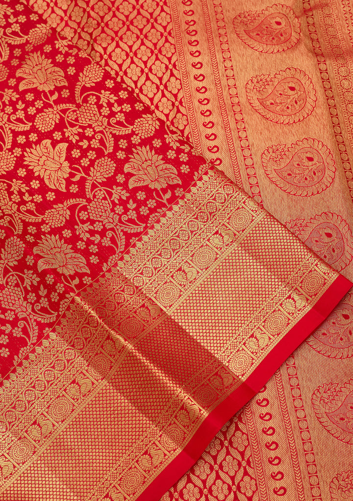 Red Pure Silk Jaal Saree With Matching Blouse Piece
