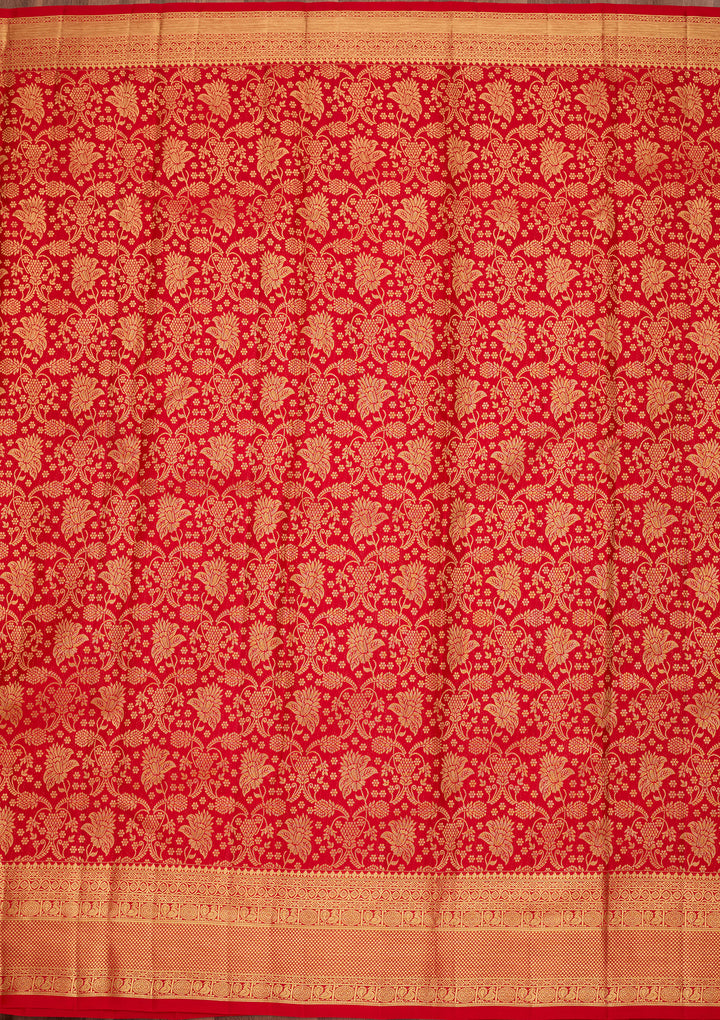 Red Pure Silk Jaal Saree With Matching Blouse Piece