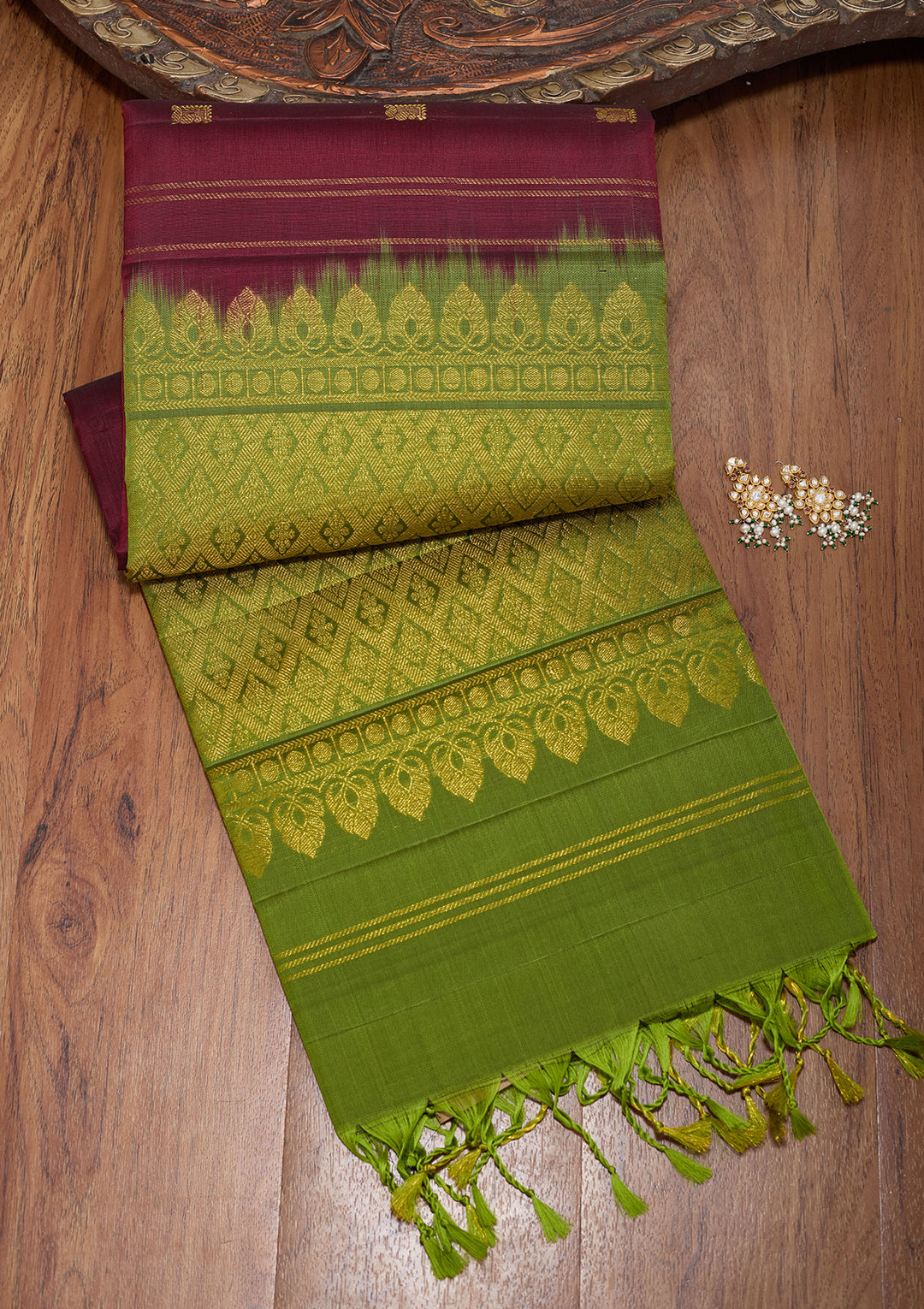Rust Pure Opada Silk Buti Saree With Matching Blouse Piece