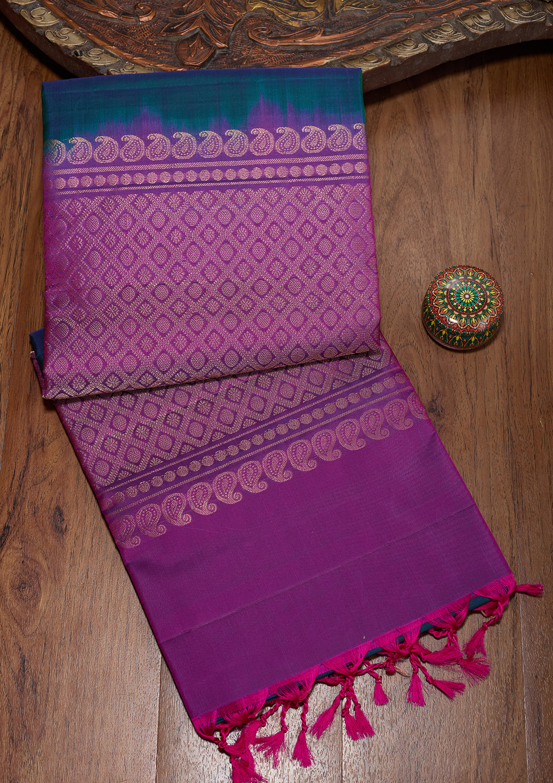 Peacock Blue Pure Opada Silk Buti Saree With Matching Blouse Piece