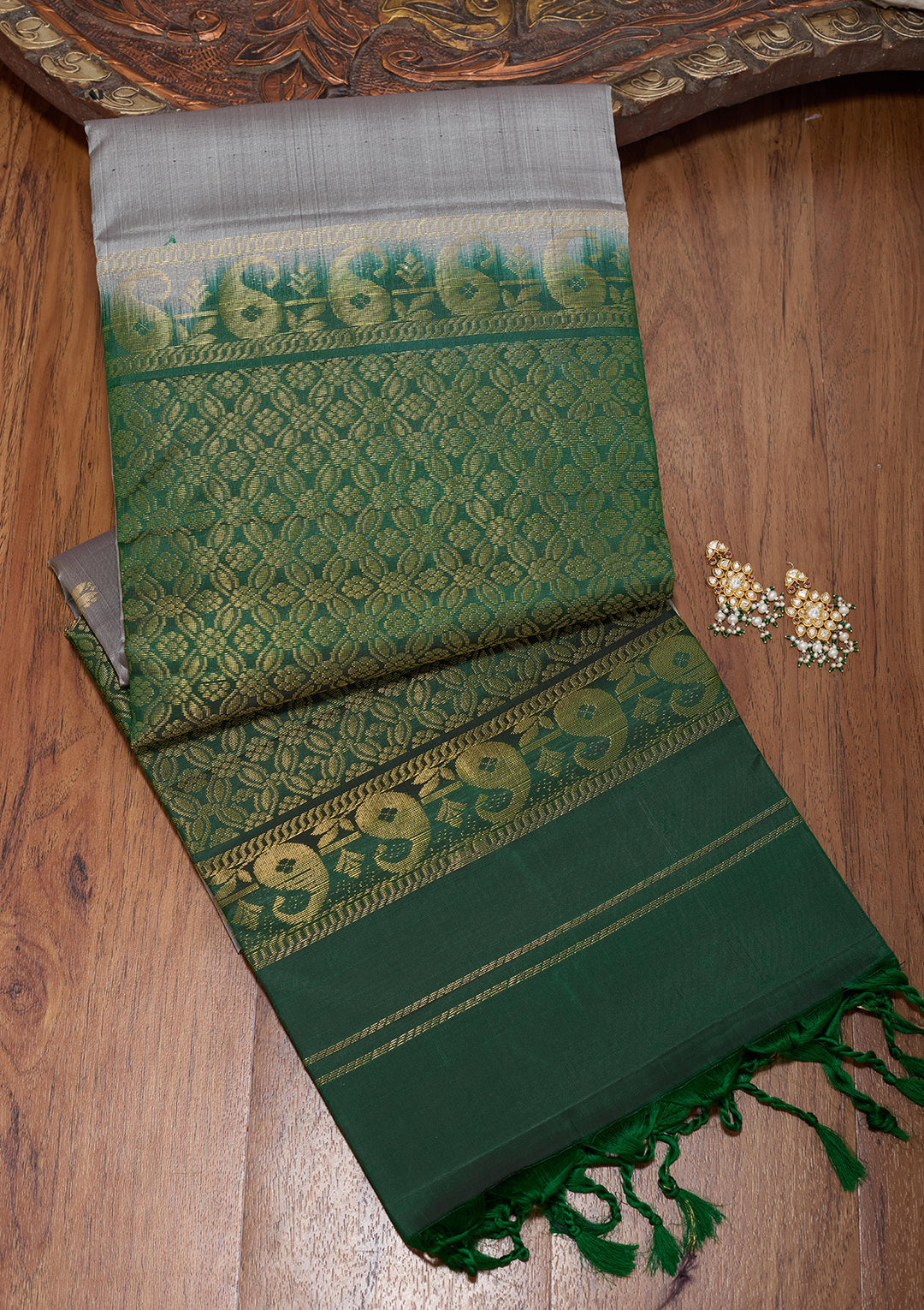 Silver Pure Opada Silk Buti Saree With Matching Blouse Piece