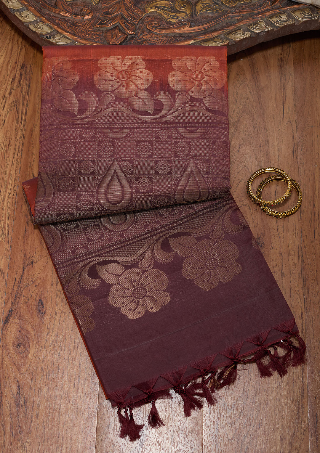Rust Pure Opada Silk Buti Saree With Matching Blouse Piece