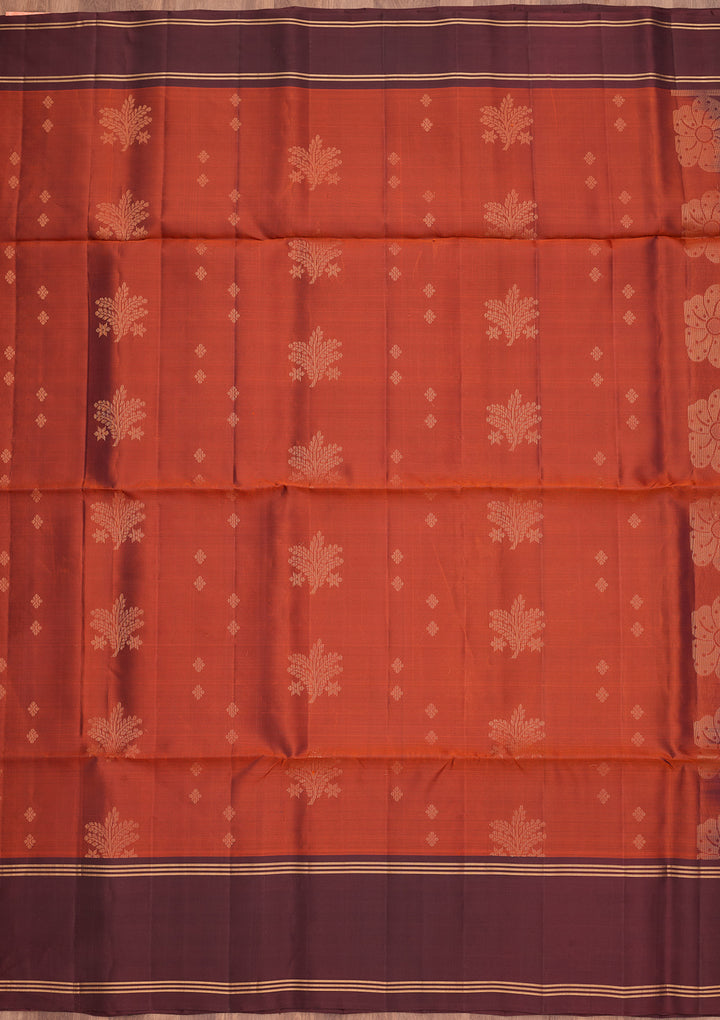 Rust Pure Opada Silk Buti Saree With Matching Blouse Piece