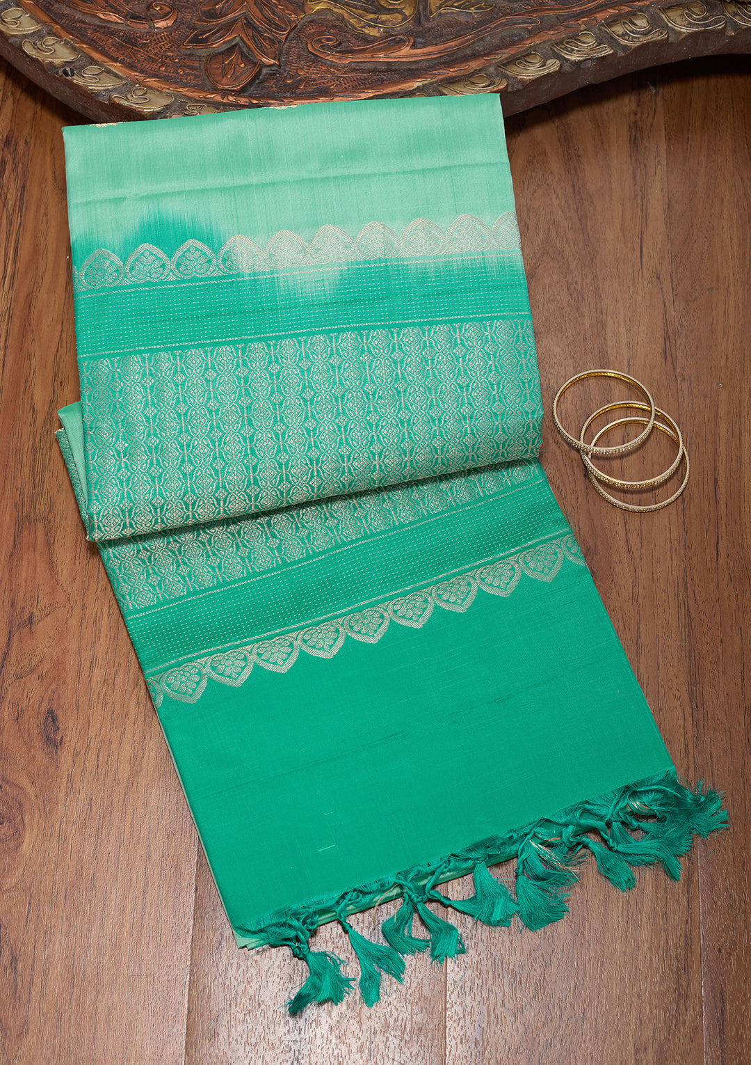 Sea Green Pure Opada Silk Buti Saree With Matching Blouse Piece