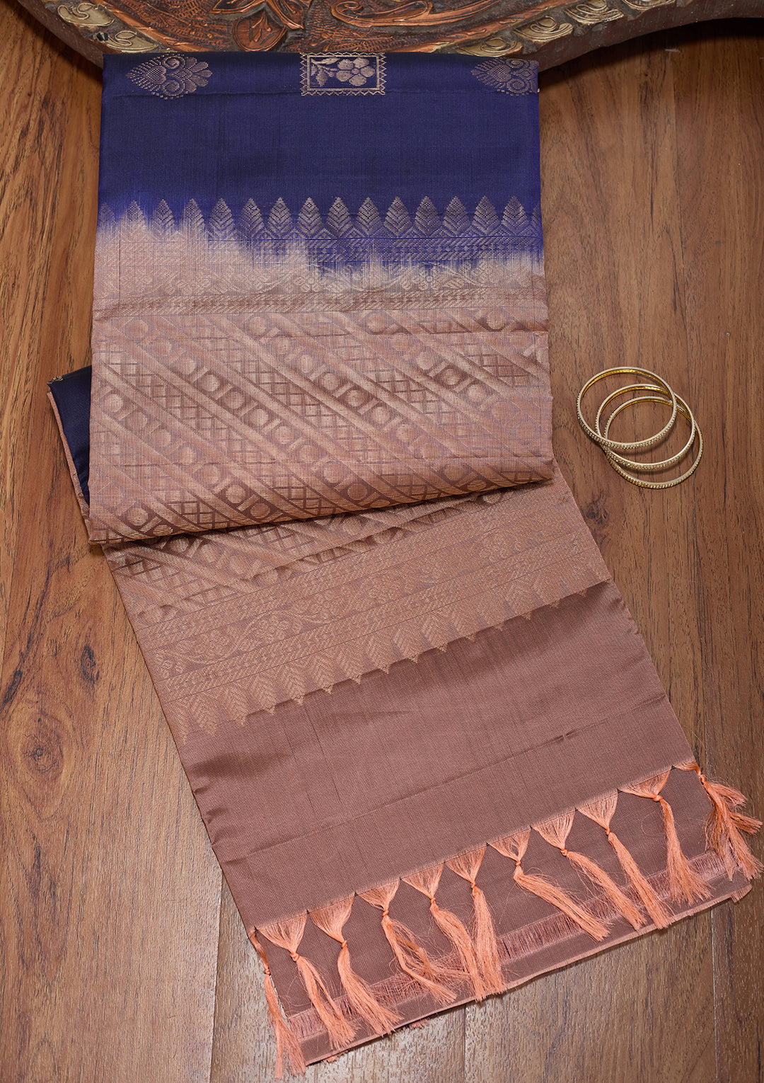 Navy Blue Pure Opada Silk Buti Saree With Matching Blouse Piece