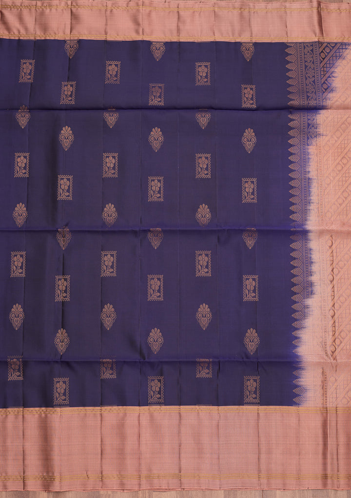 Navy Blue Pure Opada Silk Buti Saree With Matching Blouse Piece