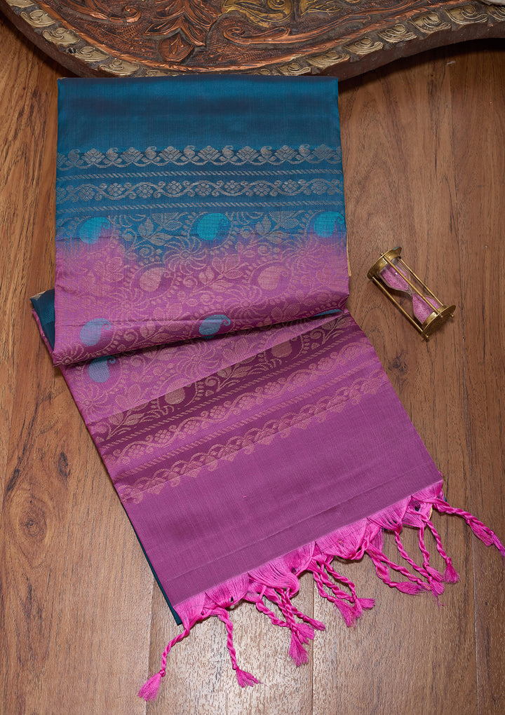 Peacock Blue Pure Opada Silk Buti Saree With Matching Blouse Piece
