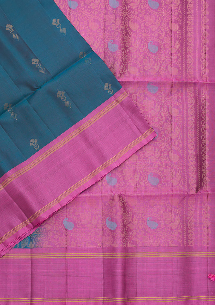 Peacock Blue Pure Opada Silk Buti Saree With Matching Blouse Piece