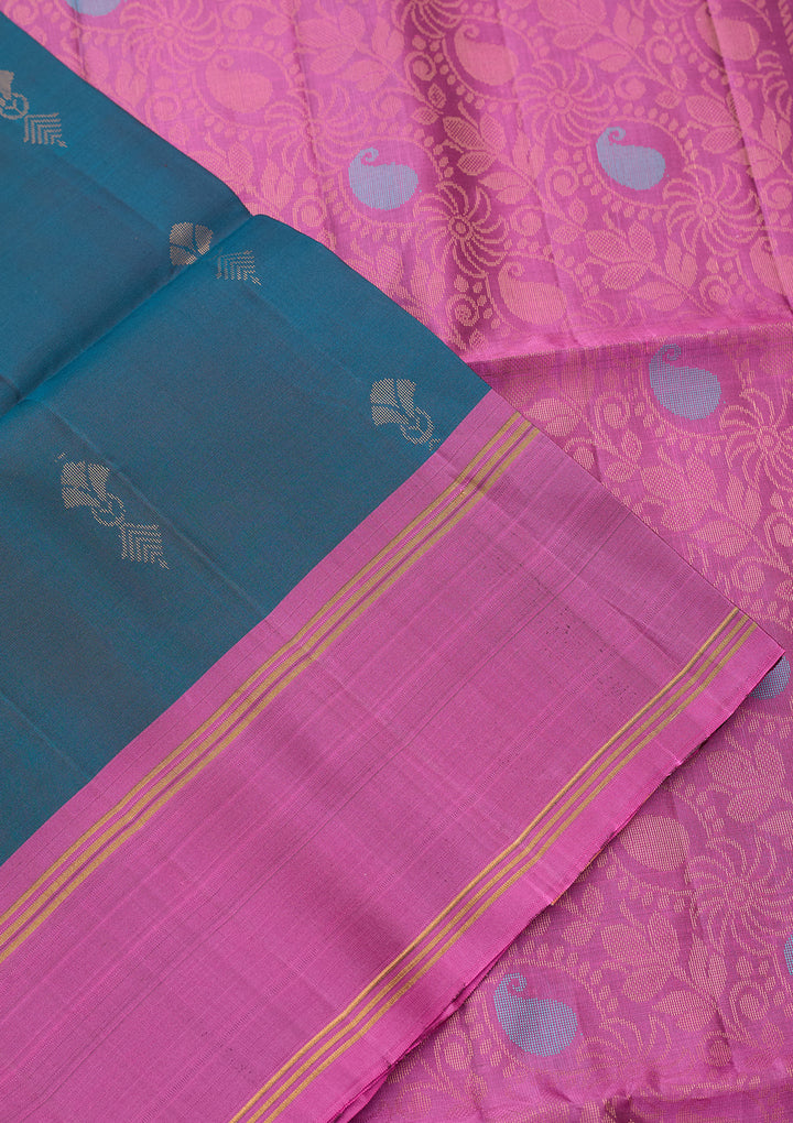 Peacock Blue Pure Opada Silk Buti Saree With Matching Blouse Piece