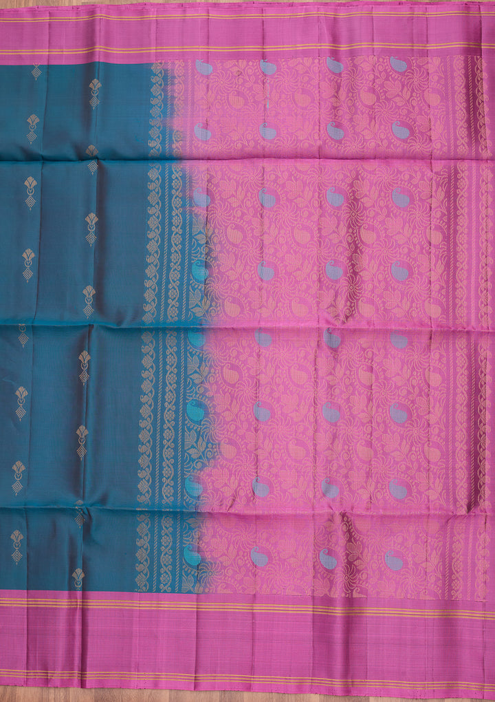 Peacock Blue Pure Opada Silk Buti Saree With Matching Blouse Piece