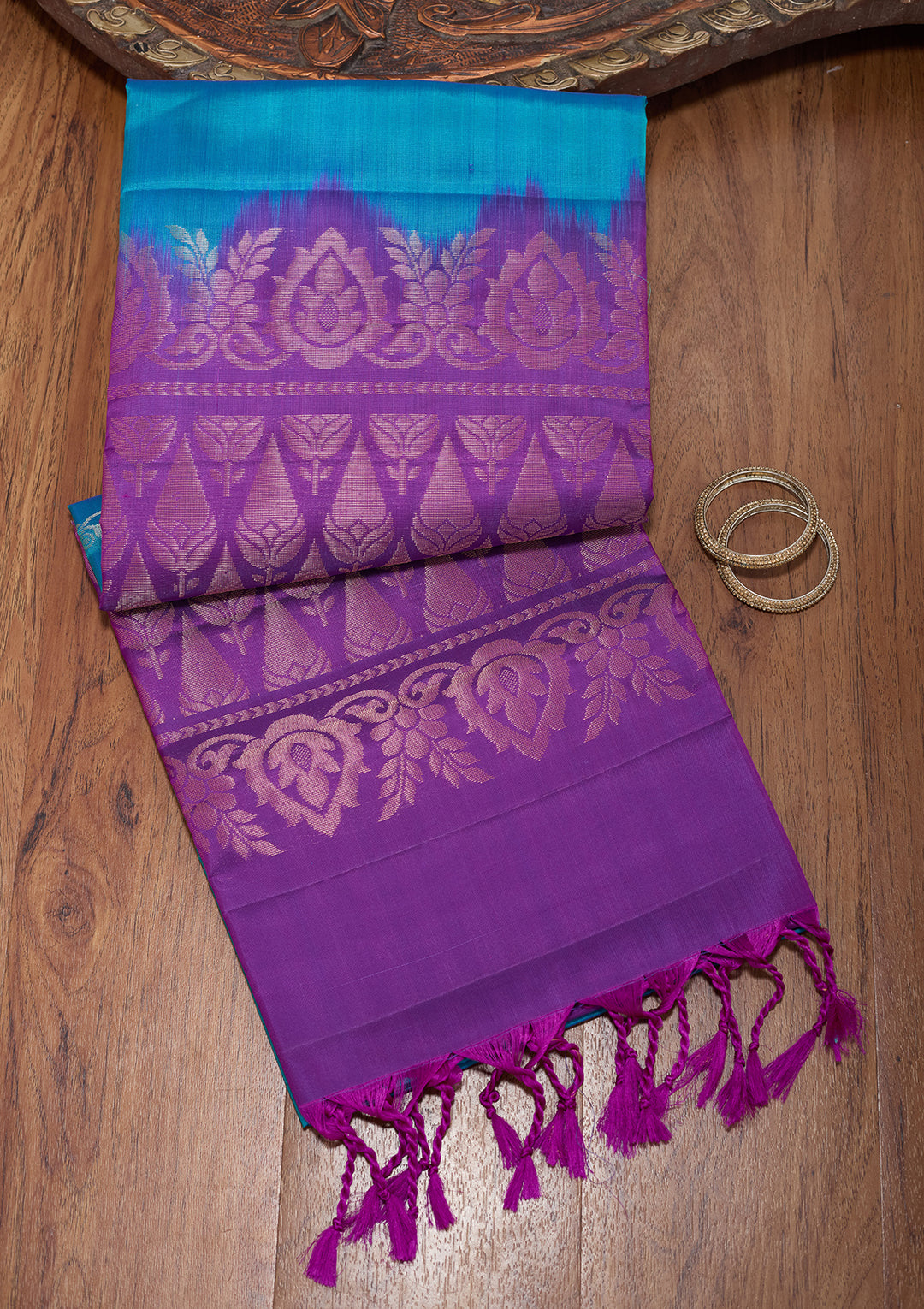 Turquoise Blue Pure Opada Silk Buti Saree With Matching Blouse Piece