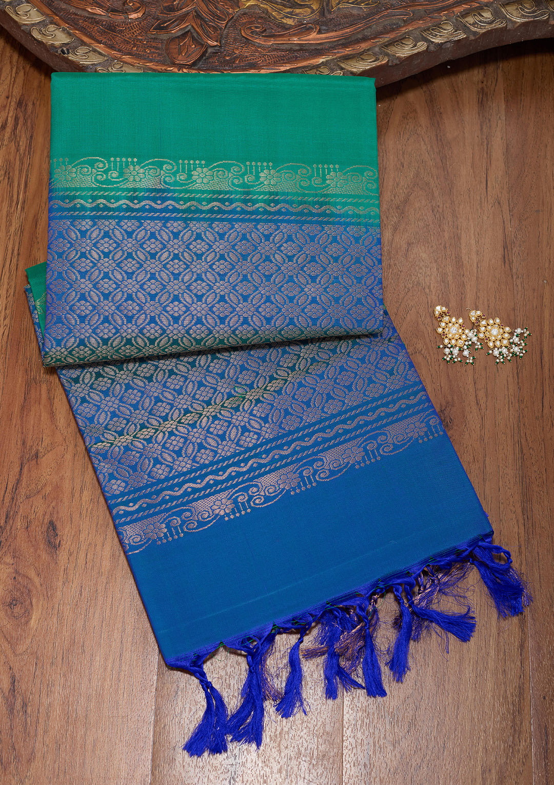 Rama Green Pure Opada Silk Buti Saree With Matching Blouse Piece