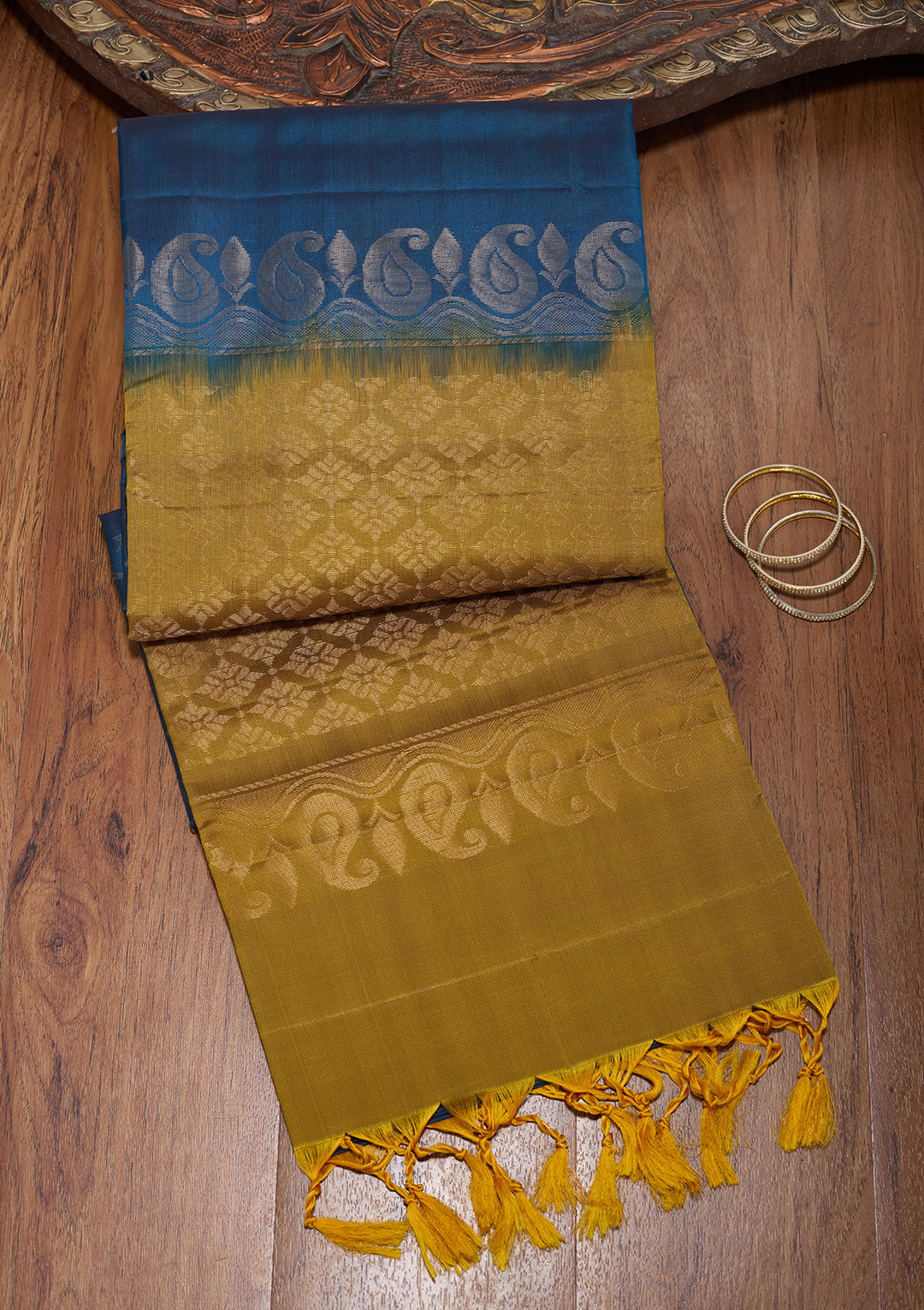 Peacock Blue Pure Opada Silk Buti Saree With Matching Blouse Piece