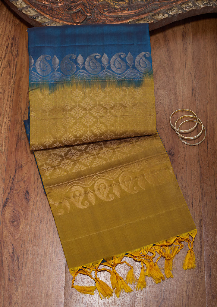 Peacock Blue Pure Opada Silk Buti Saree With Matching Blouse Piece