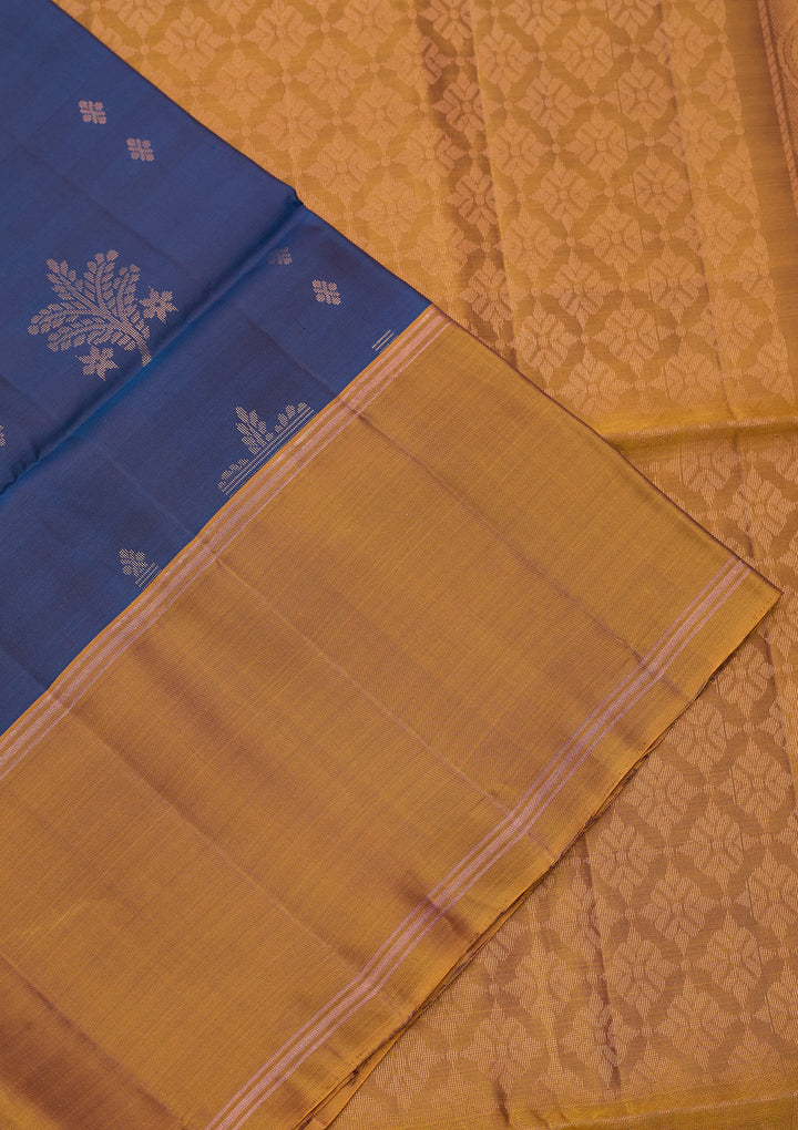 Peacock Blue Pure Opada Silk Buti Saree With Matching Blouse Piece