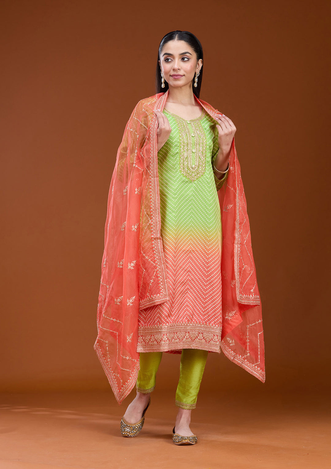 Parrot Green Orange Crepe Bandhej Gold Zariwork Straight Kurta With Pant Regular And Dupatta