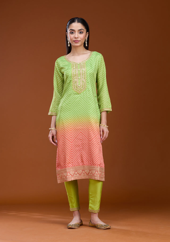 Parrot Green Orange Crepe Bandhej Gold Zariwork Straight Kurta With Pant Regular And Dupatta