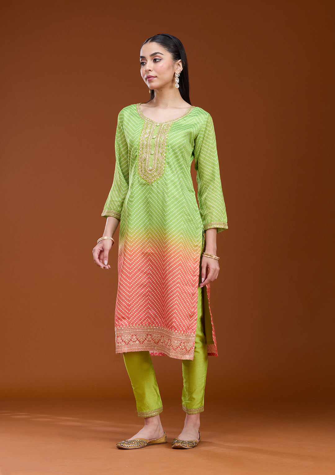 Parrot Green Orange Crepe Bandhej Gold Zariwork Straight Kurta With Pant Regular And Dupatta