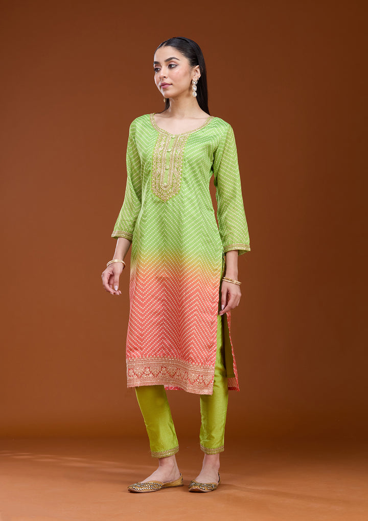 Parrot Green Orange Crepe Bandhej Gold Zariwork Straight Kurta With Pant Regular And Dupatta