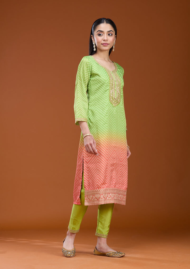 Parrot Green Orange Crepe Bandhej Gold Zariwork Straight Kurta With Pant Regular And Dupatta