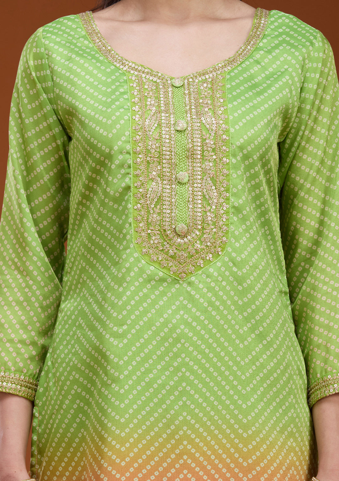 Parrot Green Orange Crepe Bandhej Gold Zariwork Straight Kurta With Pant Regular And Dupatta