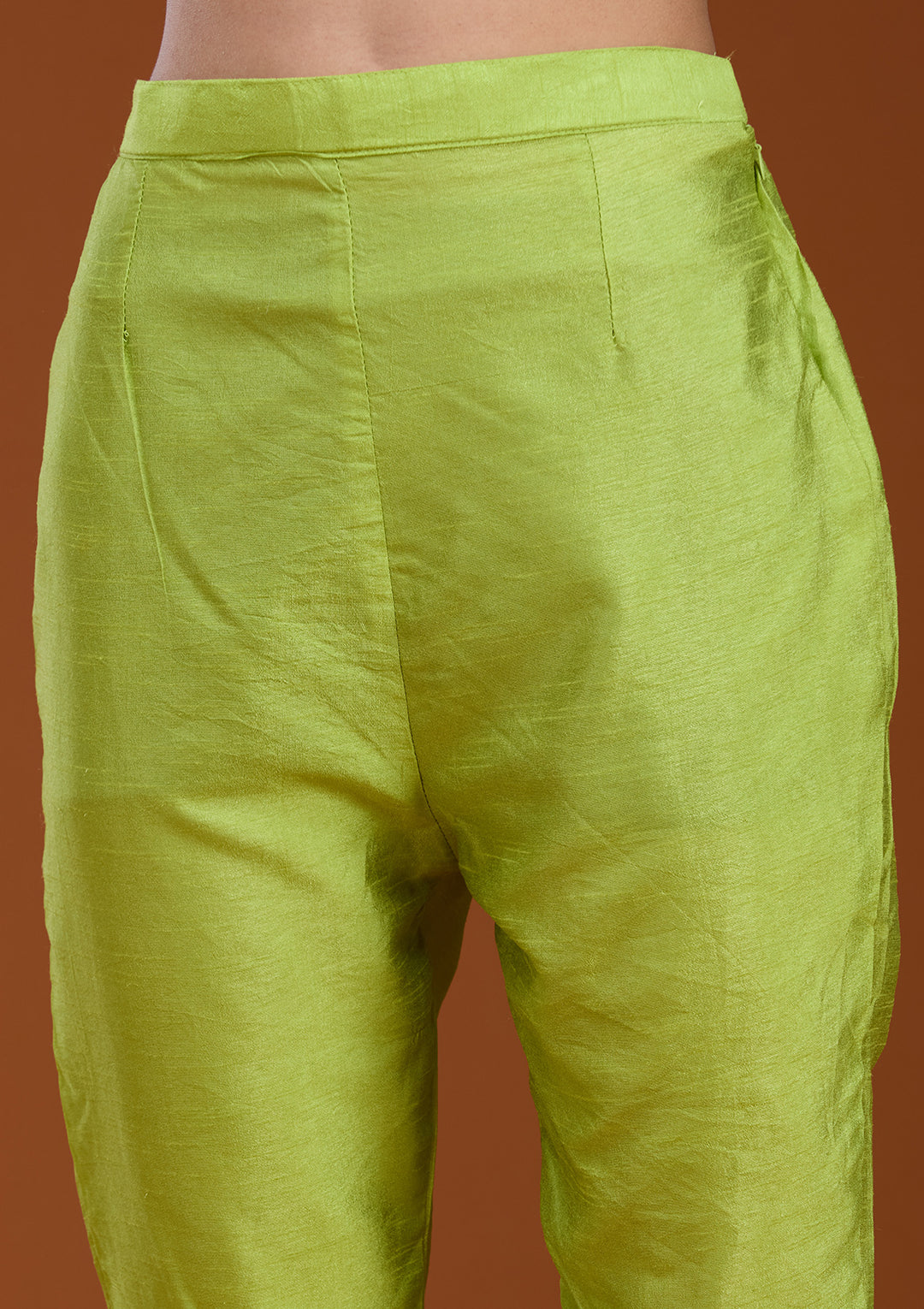 Parrot Green Orange Crepe Bandhej Gold Zariwork Straight Kurta With Pant Regular And Dupatta