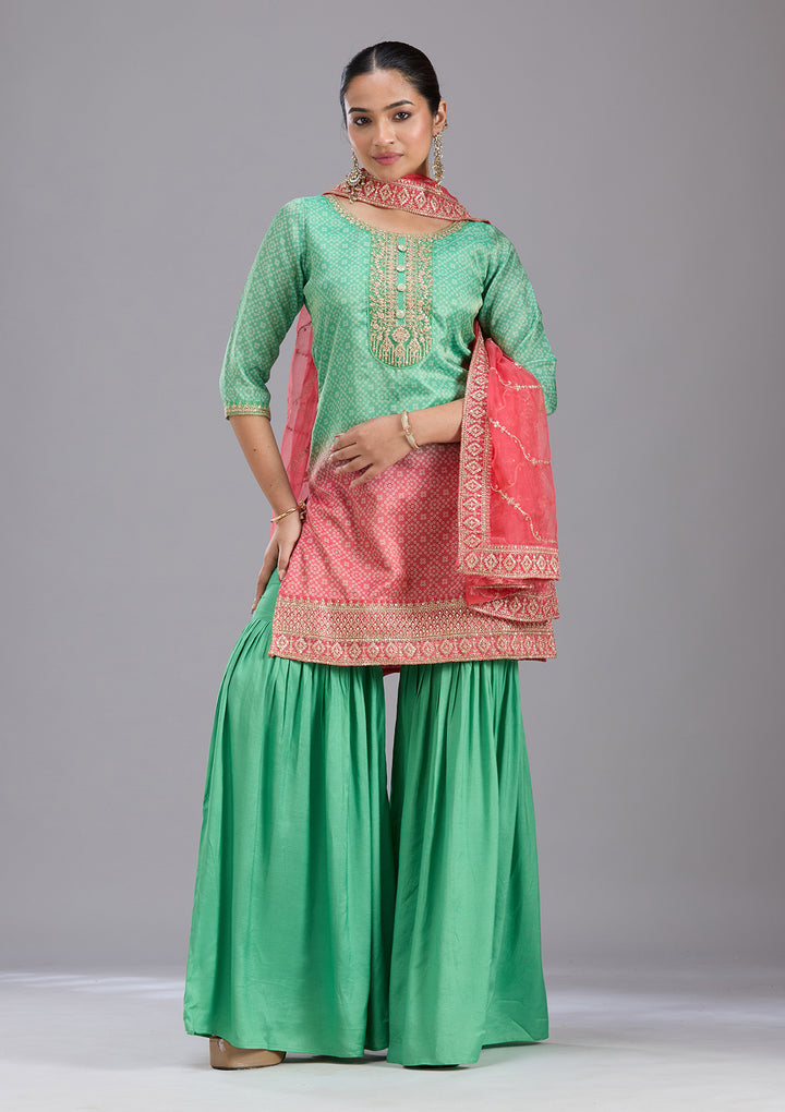 Parrot Green Sequins Soft Raw Silk Readymade Sharara Suit